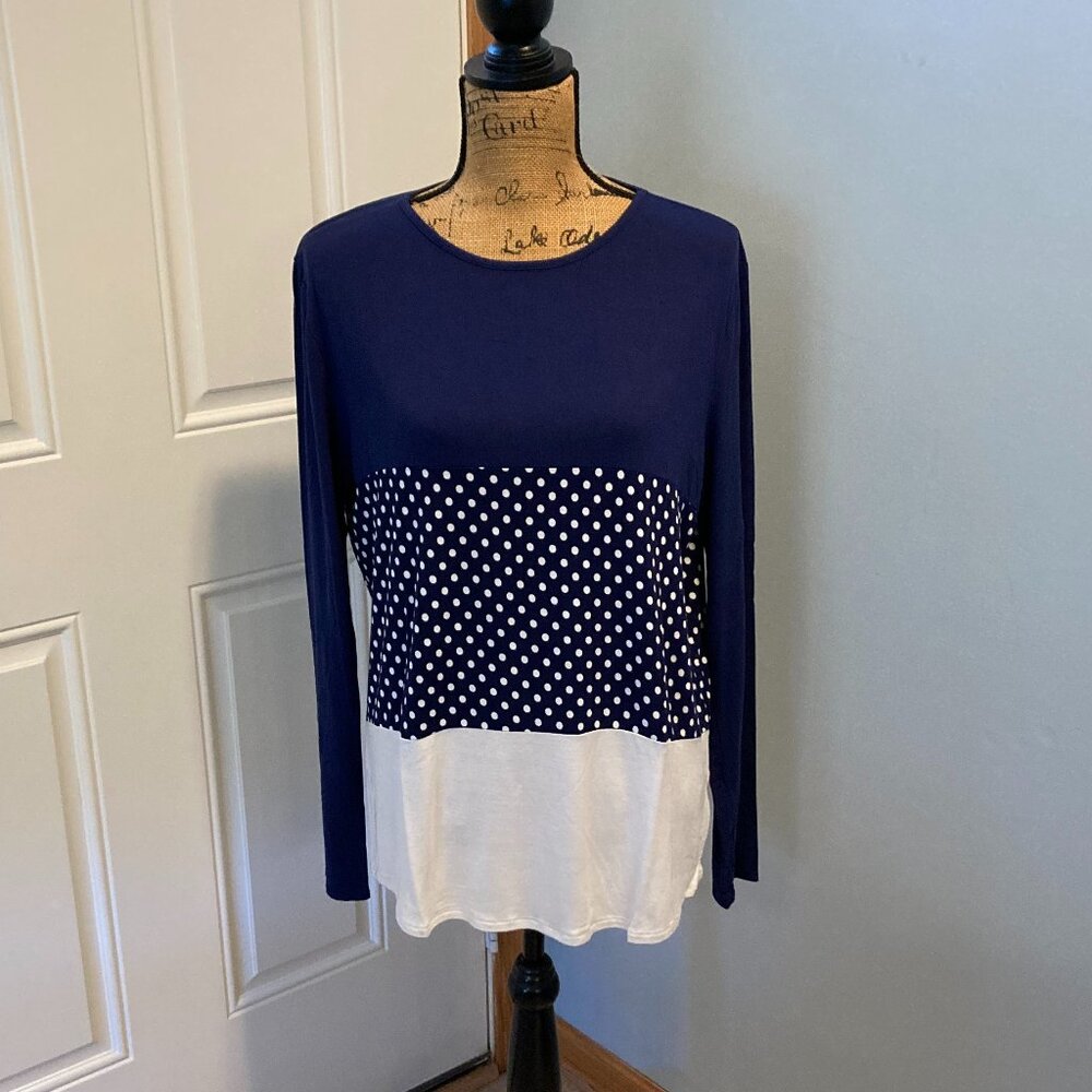 Sweet Journey Womens Long Sleeve Slinky Stretch Knit Tee Size S Blue Polka Dot